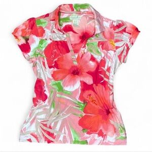 Caribbean Joe Pink & Green Floral Tropical Y2K Polo - Size Small